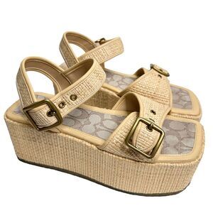 COACH Monogram Naomi Raffia Flatform Sandals Womens Size 8